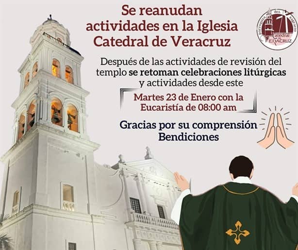 Reanudan misas en la Catedral de Veracruz tras caída de un candelabro en el recinto