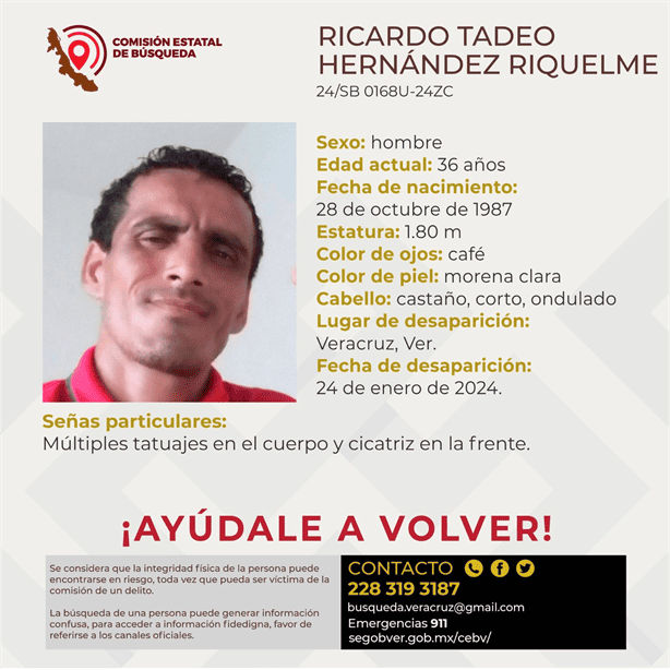 Buscan a Ricardo Tadeo Hernández Riquelme, de 36 años. Desapareció en Veracruz