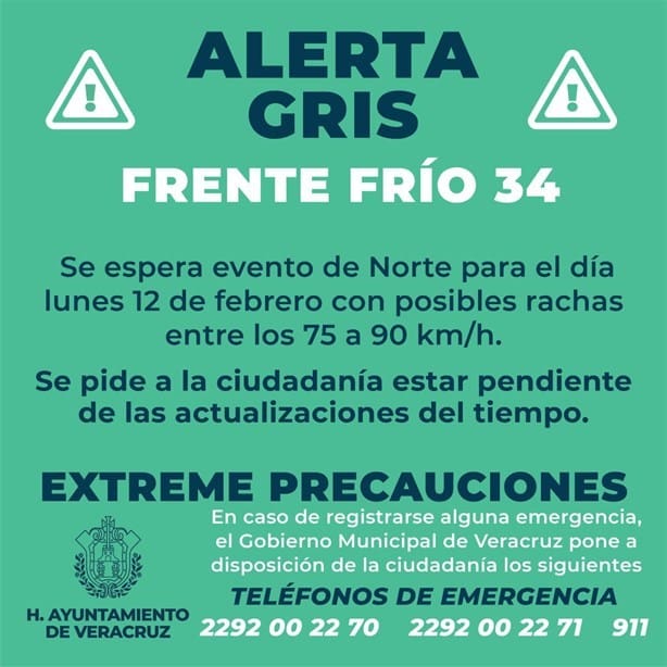 Emiten Alerta Gris por frente frío 34 en Veracruz; habrá evento de norte