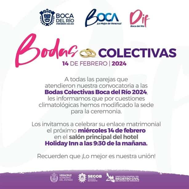 Cambian sede de Bodas Colectivas, serán en el hotel Holiday Inn en Boca del Río