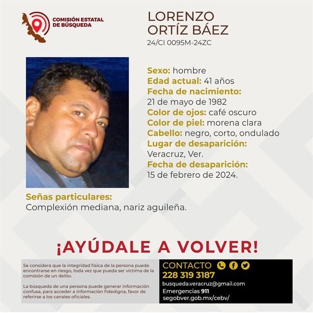 Desaparece el señor Lorenzo Ortiz Báez de 41 años en la ciudad de Veracruz