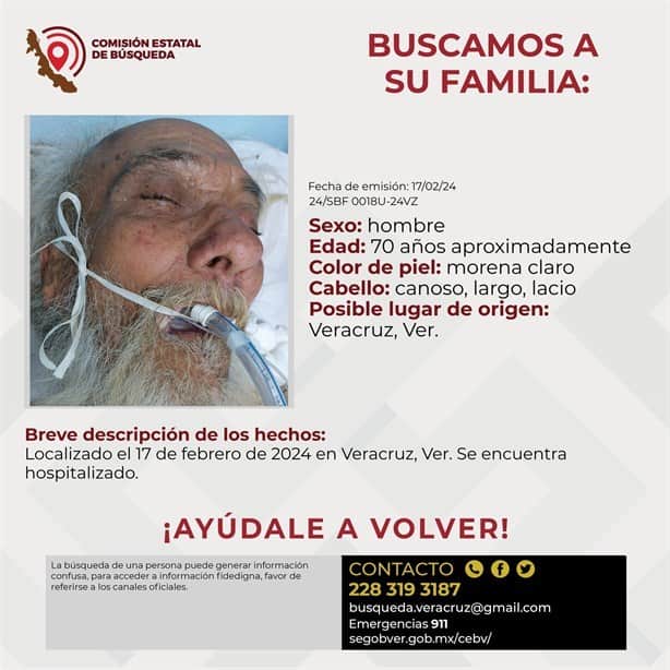 Se busca a su familia; persona de la tercera edad está hospitalizado en Veracruz