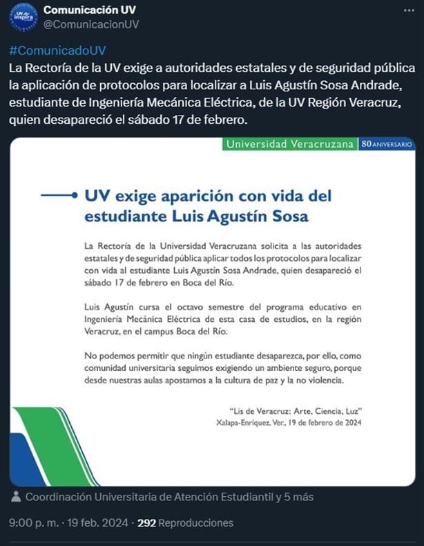 Estudiante de la Universidad Veracruzana desaparece en la ciudad de Veracruz