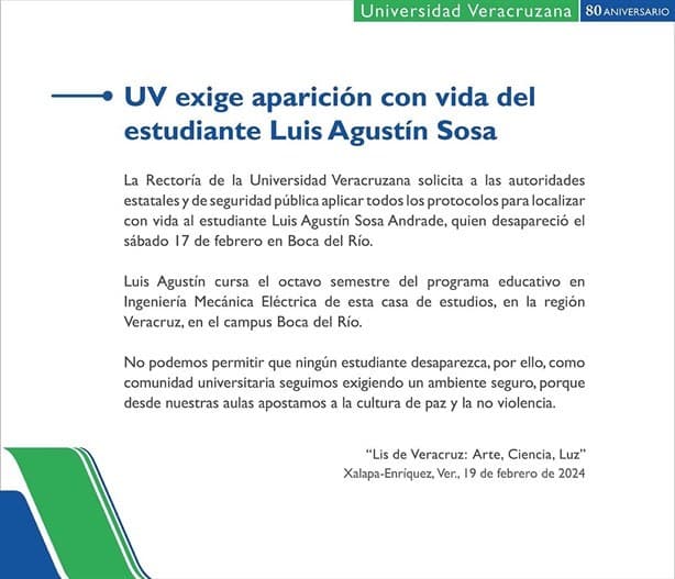 UV exige localización de estudiante de ingeniería desaparecido en Boca del Río