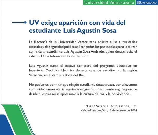 UV exige aparición con vida de estudiante de ingeniería en Boca del Río 