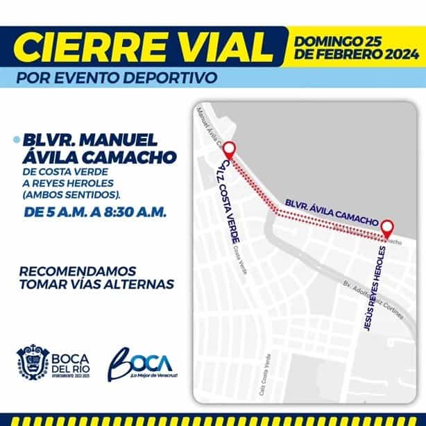 Estos son los cierres viales en Boca del Río este fin de semana