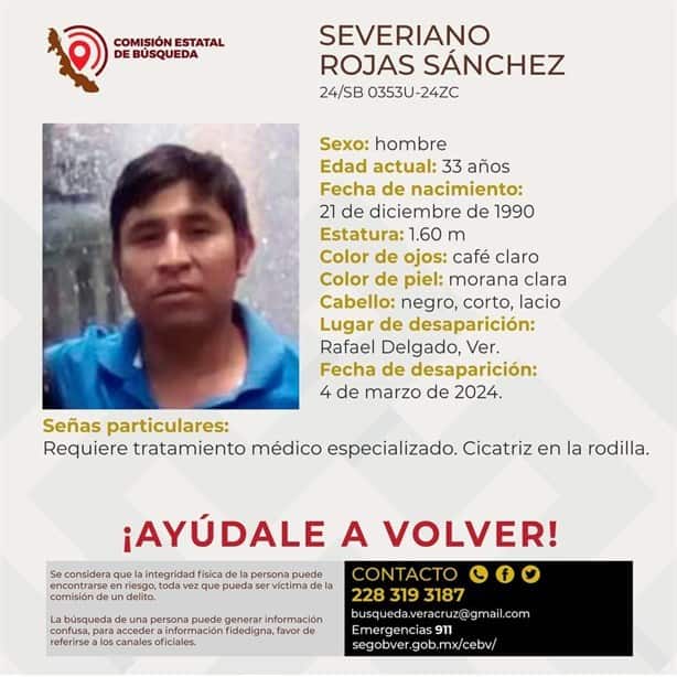 Severiano Rojas Sánchez desapareció en Rafael Delgado; está bajo tratamiento