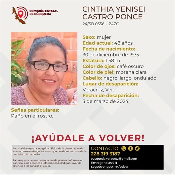 Buscan a Cinthia de 48 años desaparecida en la ciudad de Veracruz