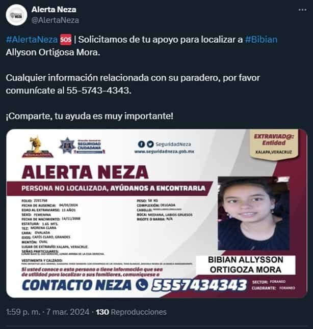 Bibian Allysson Ortigoza Mora: Localizan con vida a menor desaparecida en Xalapa