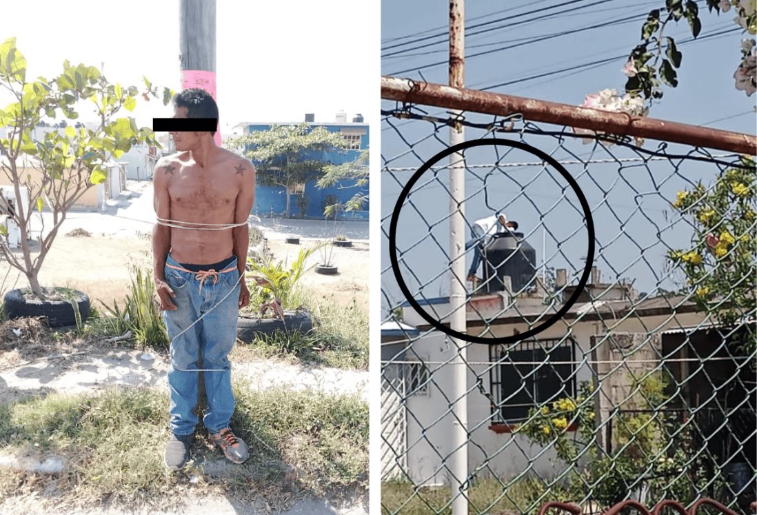 Vecinos amarran a un poste a presunto ladrón de tinacos en Veracruz