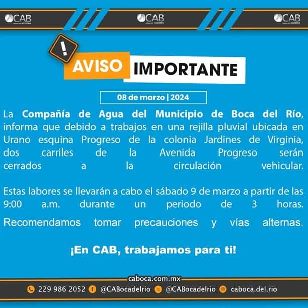 Habrá cierres viales en Boca del Río este sábado por trabajos de CAB