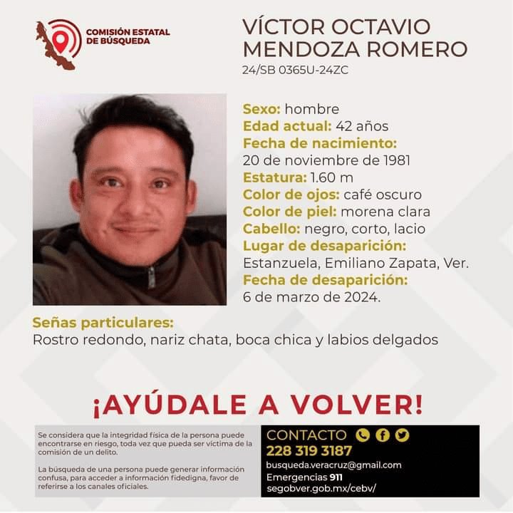 Familiares buscan a Víctor Octavio Mendoza Romero; desapareció en Emiliano Zapata, Veracruz