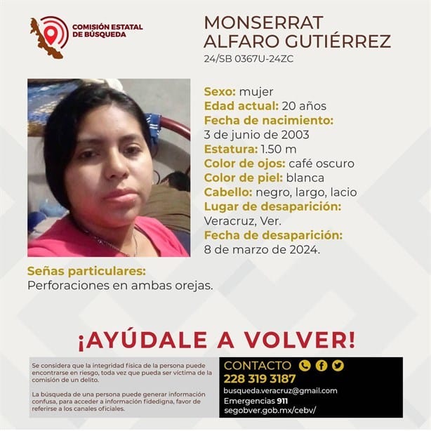 Desaparece Monserrat Alfaro Gutiérrez, jovencita de 20 años en Veracruz