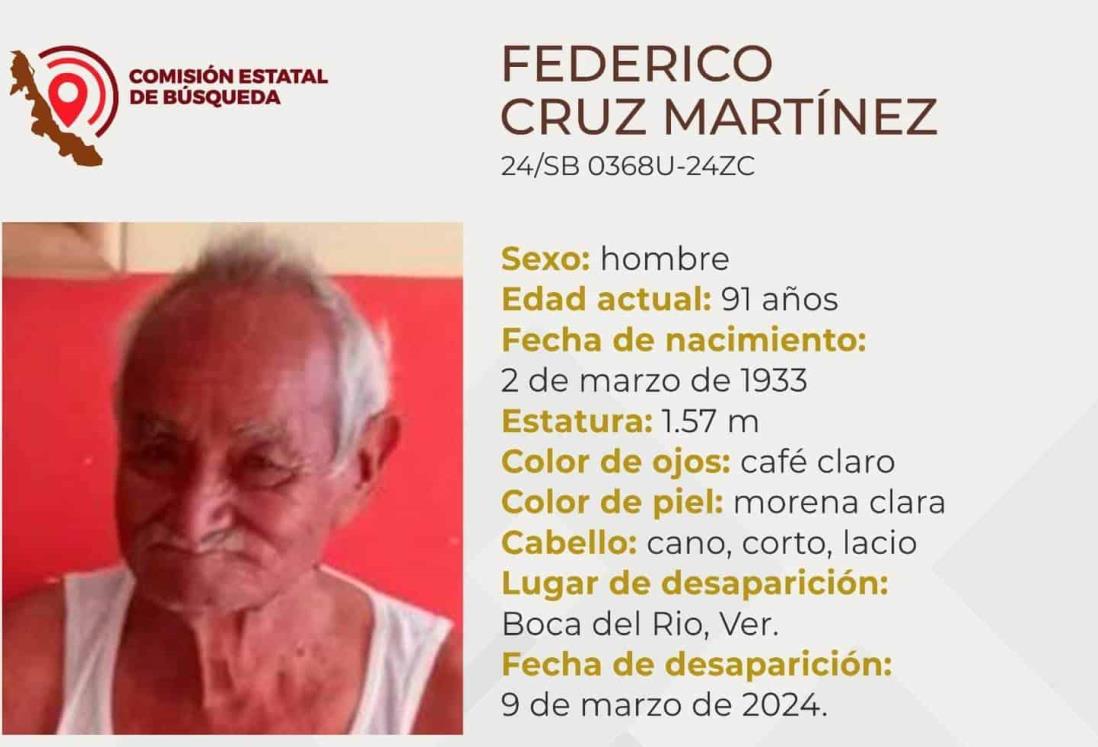 Desaparece Federico Cruz Martínez, abuelito de 91 años en Boca del Río