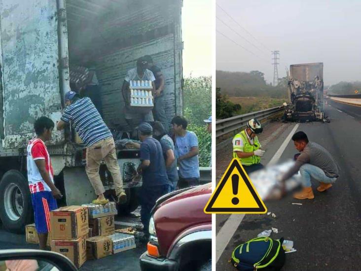 Arde tráiler en Cotaxtla; rapiñeros saquean cervezas e ignoran al conductor