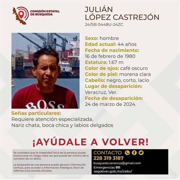 Julián López desapareció hace 3 días en Veracruz; requiere atención especializada