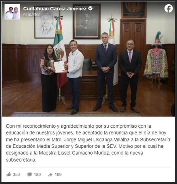 ¿Y nadie sabía? Confirma gobernador salida de Jorge Miguel Uscanga de la SEV