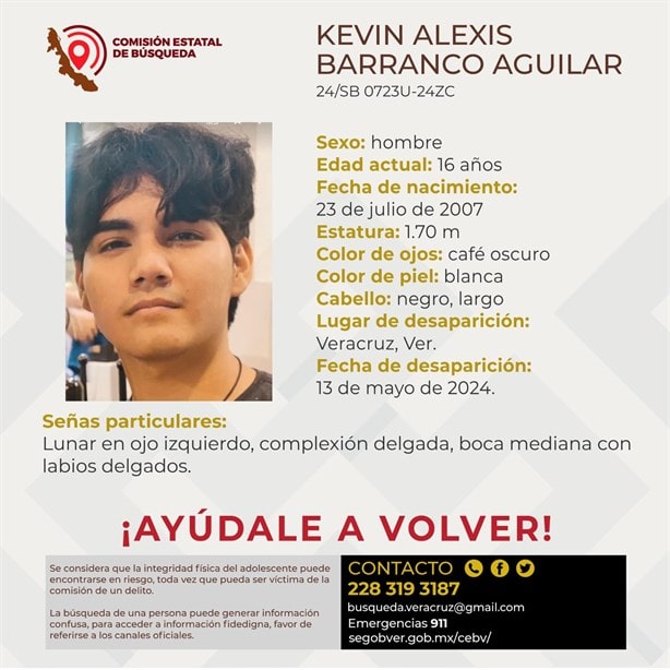 Desaparece el joven de 16 años Kevin Alexis Barranco Aguilar en Veracruz