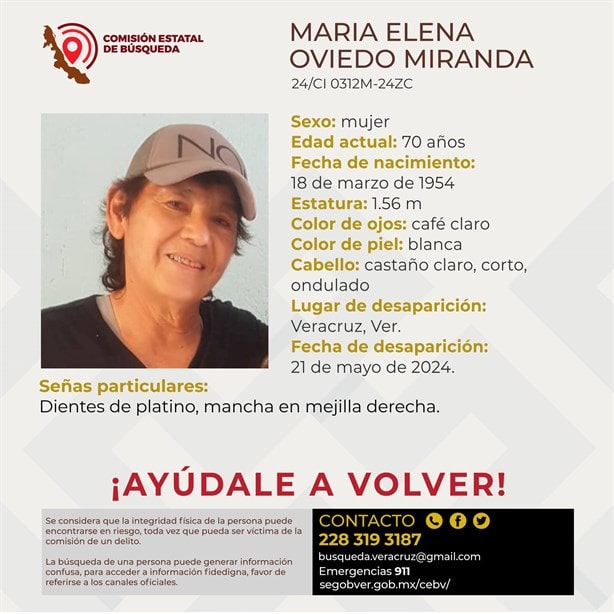 Desaparece María Elena Oviedo, tiene 70 años y es del puerto de Veracruz