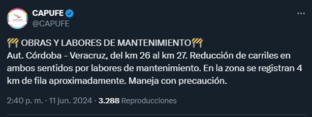 Autopista Córdoba-Veracruz, con reducción de carriles hoy; zonas afectadas