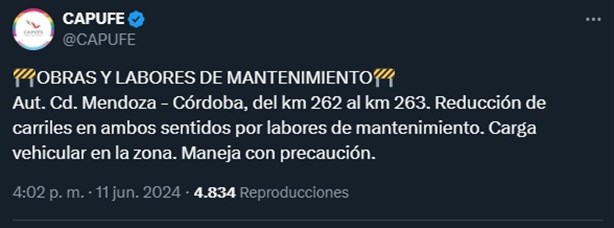 Autopista Córdoba-Veracruz, con reducción de carriles hoy; zonas afectadas