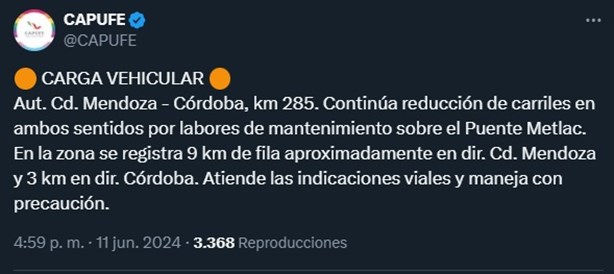 Autopista Córdoba-Veracruz, con reducción de carriles hoy; zonas afectadas