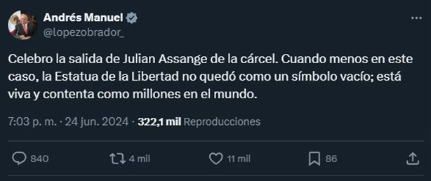 AMLO reacciona a liberación de Julian Assange: La Estatua de la Libertad está viva