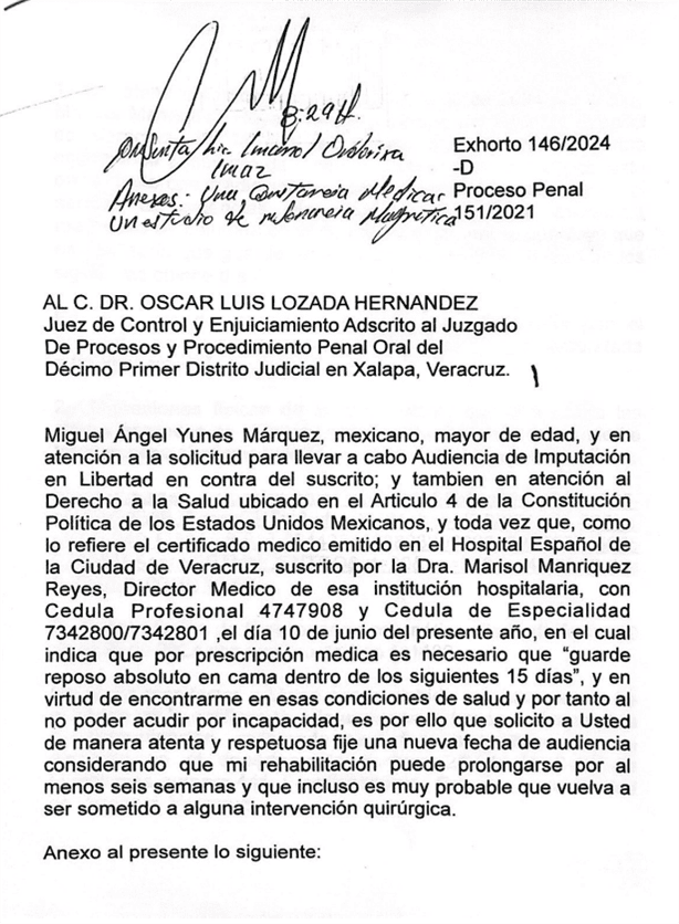 Yunes Márquez advierte que no asistirá a las audiencias; reafirma estado de salud