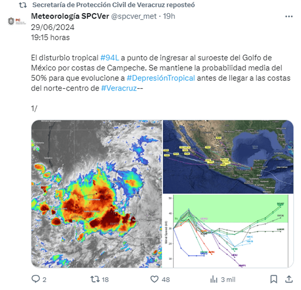 Disturbio tropical 94L provocará más lluvias en Veracruz ¡atención!