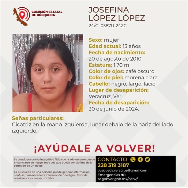 Buscan a Josefina López de 13 años, desapareció en la ciudad de Veracruz