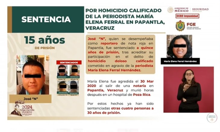 SSPC destaca quinta sentencia por feminicidio de la periodista María Elena Ferral