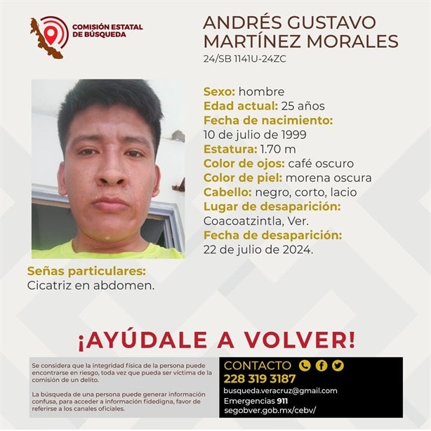 Andrés, de Coacoatzintla, salió a buscar trabajo a Xalapa y desapareció