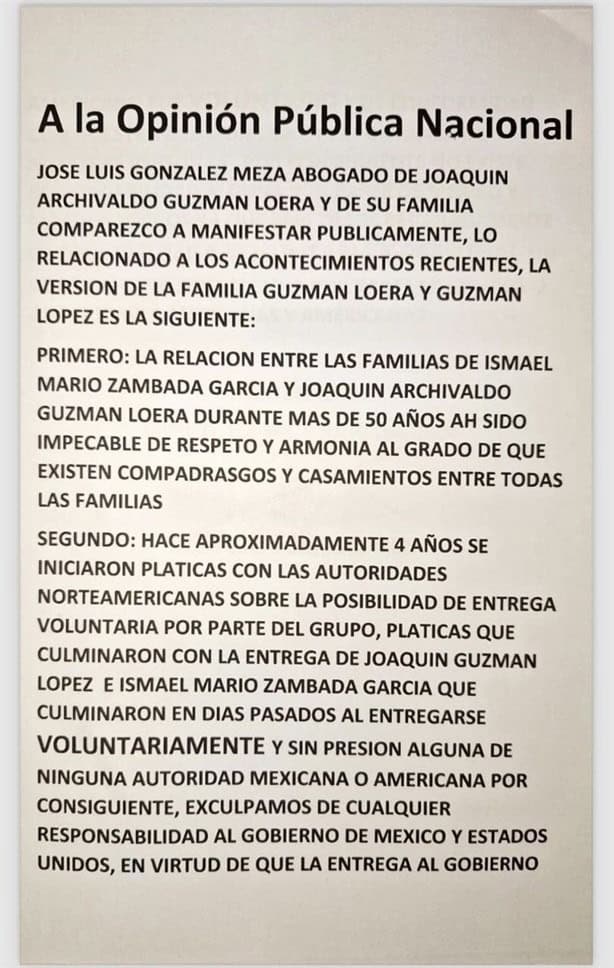 Mayo Zambada e hijo del Chapo Guzmán se entregaron voluntariamente a EU: abogado