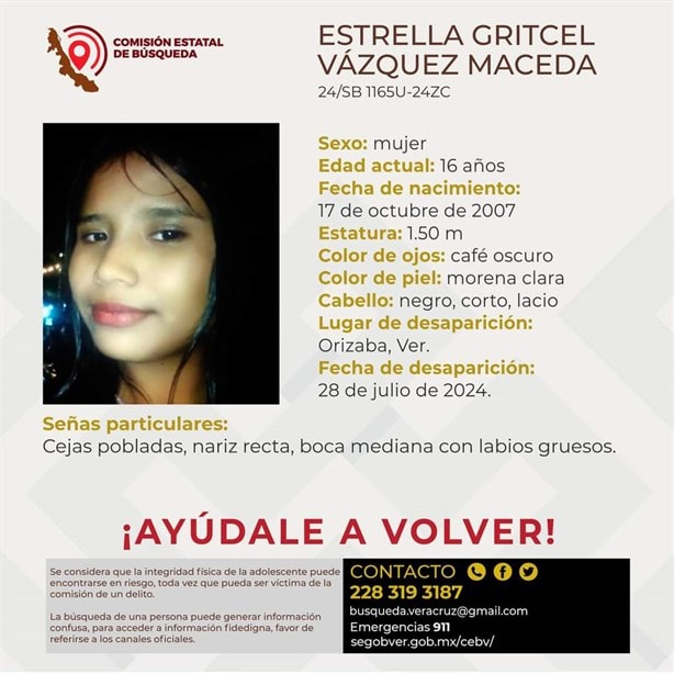 Estrella Gritcel Vázquez Maceda desapareció en Orizaba; solo tiene 16 años