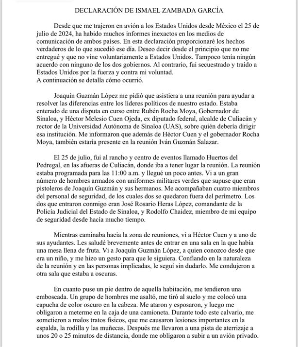 La carta de El Mayo Zambada relata a detalle su captura: Me emboscaron y secuestraron