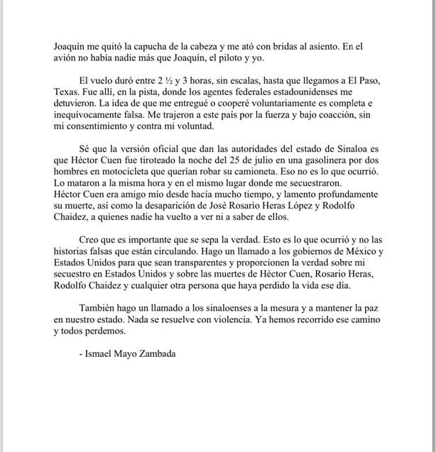 La carta de El Mayo Zambada relata a detalle su captura: Me emboscaron y secuestraron