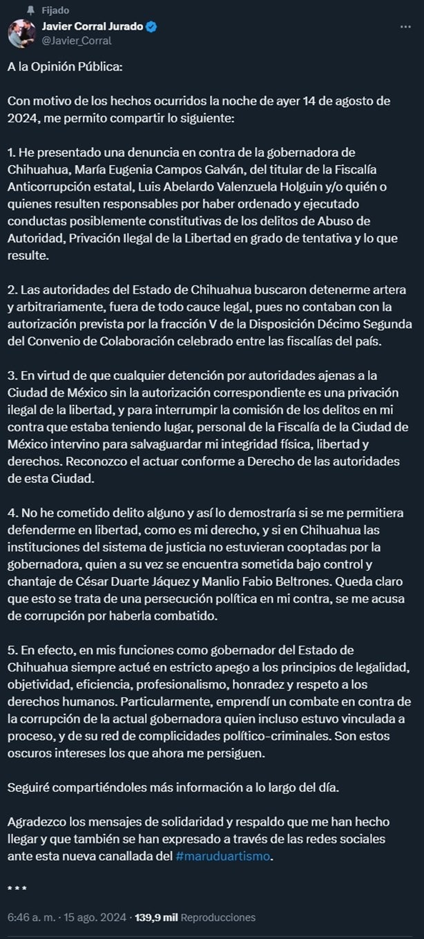 AMLO: Detención de Javier Corral, venganza política