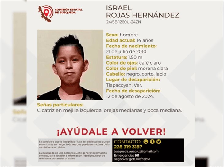 Se busca a Israel, menor desaparecido en Tlapacoyan