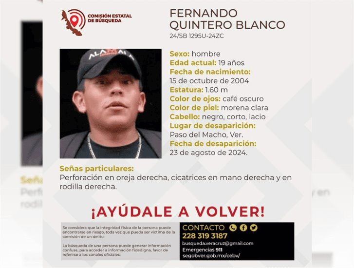 Se busca a Fernando, joven desaparecido en Paso del Macho