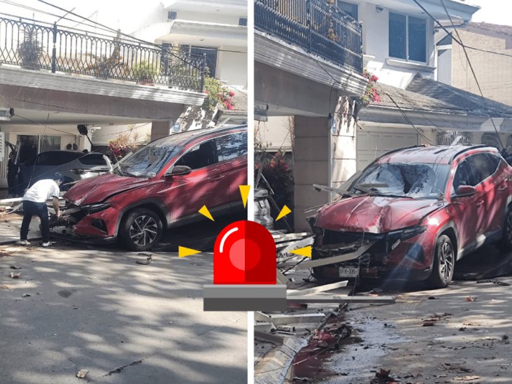 ¡Caos matutino! Camioneta choca contra un poste y portón de una casa en Las Animas, Xalapa