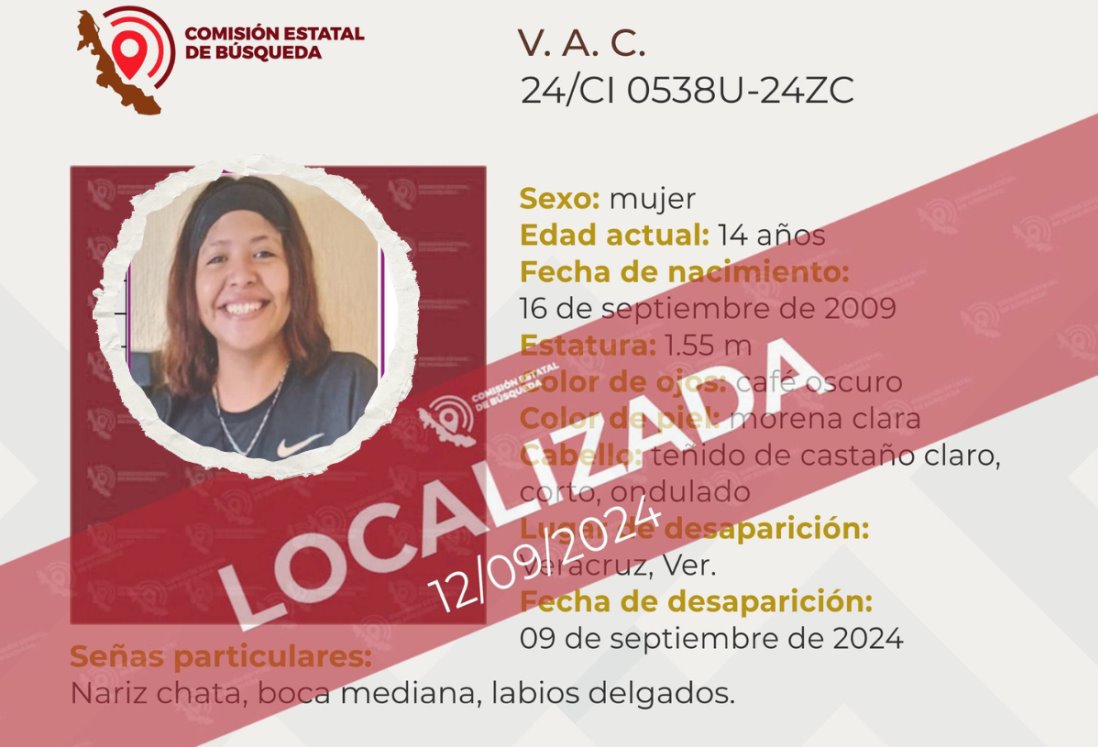 Localizan a Vanessa de 14 años en Veracruz tras 3 días desaparecida