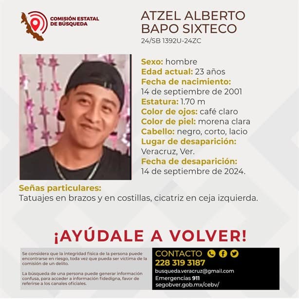 Atzel Alberto desapareció hace dos días en la ciudad de Veracruz