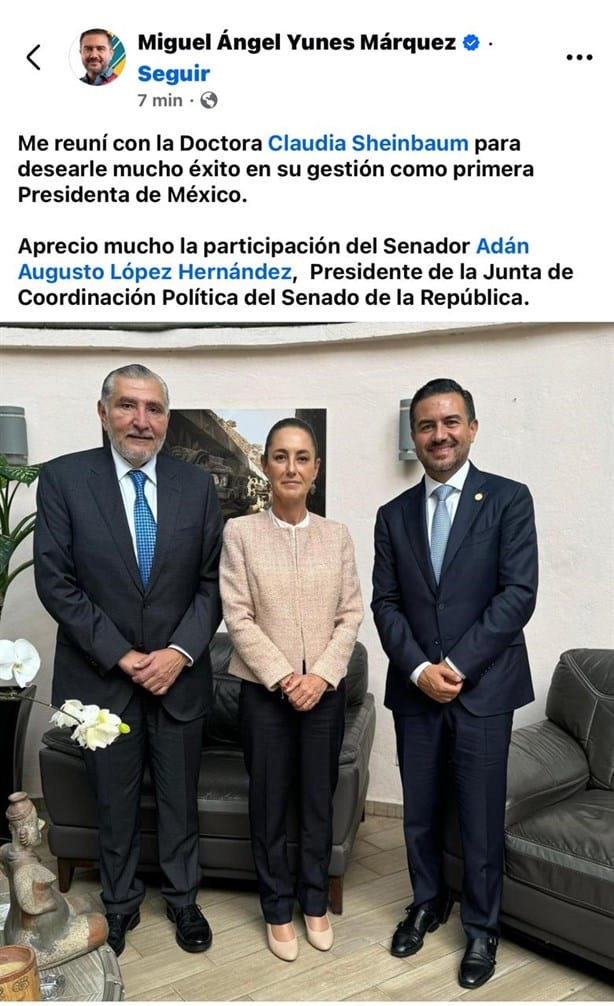 Presume Miguel Ángel Yunes Márquez reunión con Claudia Sheinbaum y Adán Augusto López